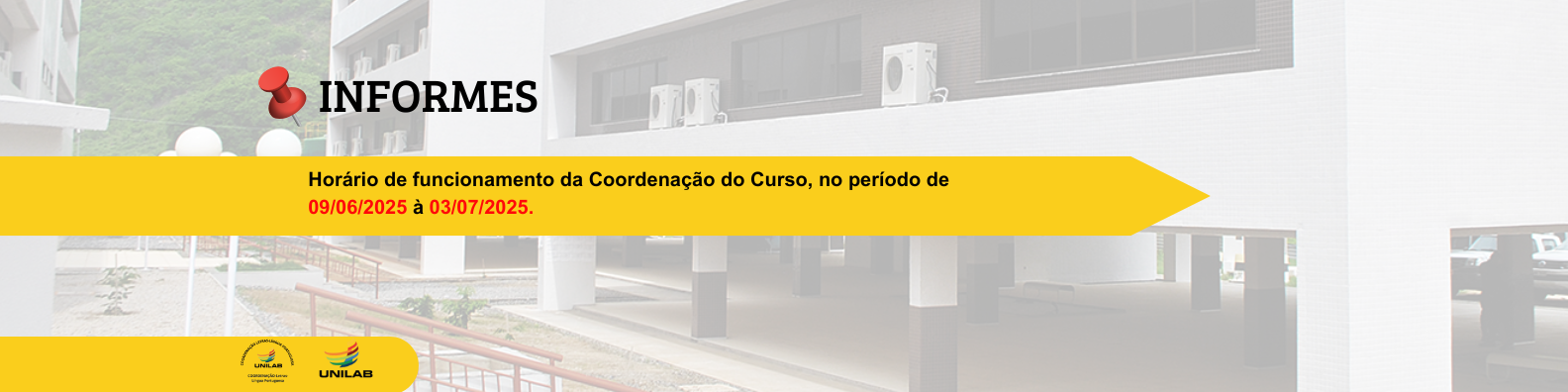 Imagem referente a postagem de título Horário de funcionamento da Coordenação do Curso, no per...